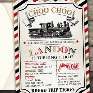 May include: A vintage-style train ticket invitation for a birthday party. The invitation features a black and white illustration of a steam train with the text "CHOO CHOO" in gold lettering. The invitation is for Landon's third birthday party and includes details about the date, time, and location of the party. The text "ALL ABOARD THE BIRTHDAY EXPRESS" is printed in black and red.
