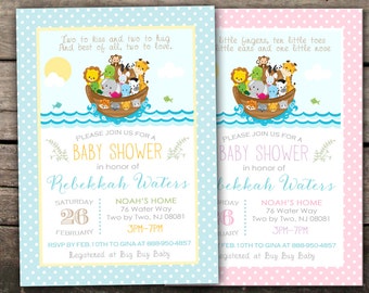 10% OFF Printed or Digital Noah's Ark Baby Shower Invitation Twins Baby Shower Invitation Noah's Ark Birthday Invitation Animal Baby Shower