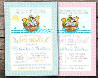 May include: Two baby shower invitations with a blue and pink polka dot background. The invitations feature a cartoon illustration of Noah's Ark with animals on board. The text on the invitations reads "Please join us for a baby shower in honor of Rebekkah Waters".