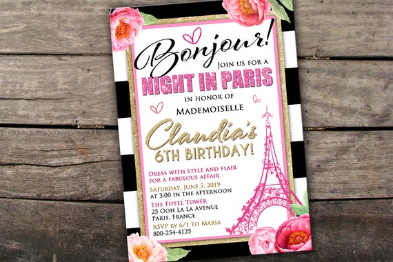 10% OFF NEW Printed or Digital Paris Birthday Invitation Pink and Gold Birthday Invitation Paris Birthday Invite Night in Paris Birthday