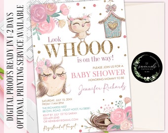 May include: A baby shower invitation with a pink and gold color scheme. The invitation features a cartoon owl with a floral crown and the text "Look Whooo is on the way!"  Please join us for a baby shower honoring mommy to be Jennifer Richards.  Saturday, July 15, 20XX from 11AM-3PM. The Richards Nest, 88 Owl Road, Hoot Hoot, NJ 08081. RSVP by July 1st to Sarah 555-609-2043 or newbaby@gmail.com. Registered at Target.