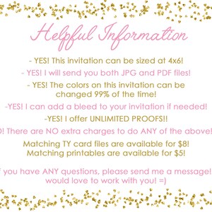 Puede incluir: Fondo de purpurina rosa y dorado con texto que dice "Informaci&oacute;n &uacute;til". El texto enumera varios servicios ofrecidos, que incluyen cambiar el tama&ntilde;o de las invitaciones a 4x6 pulgadas, enviar archivos JPG y PDF, personalizar los colores, agregar un sangrado y pruebas ilimitadas. El texto tambi&eacute;n indica que no hay cargos adicionales por estos servicios. Las tarjetas de agradecimiento a juego est&aacute;n disponibles por $8 y las imprimibles a juego est&aacute;n disponibles por $5. El texto termina con "Si tiene alguna pregunta, env&iacute;eme un mensaje. &iexcl;Me encantar&iacute;a trabajar con usted! =)"