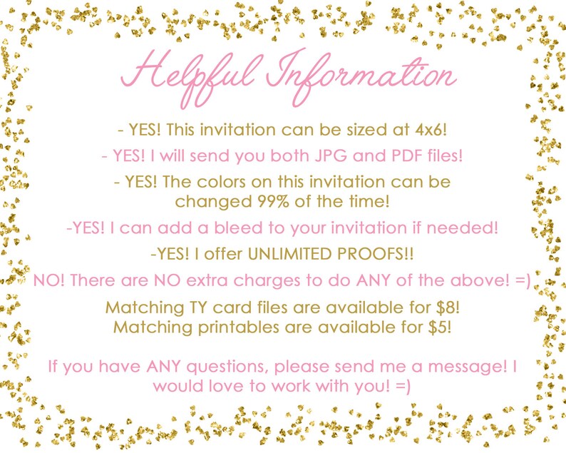 Pode incluir: Texto rosa em um fundo branco com glitter dourado. O texto diz "Informa&ccedil;&otilde;es &uacute;teis" e lista detalhes sobre um convite, incluindo o tamanho, os tipos de arquivo, a personaliza&ccedil;&atilde;o da cor, as op&ccedil;&otilde;es de sangramento e as provas ilimitadas. Tamb&eacute;m menciona cart&otilde;es de agradecimento e impress&otilde;es correspondentes dispon&iacute;veis para compra.