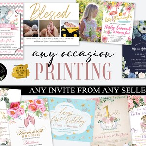 May include: A collage of printable invitations for various occasions, including a baby shower, a wedding, a birthday party, and a bachelorette brunch. The invitations feature colorful floral designs, illustrations, and text. The text includes "It's a Girl! Baby Shower", "The Wedding of", "Bachelorette Brunch", and "Lucy's First Birthday".