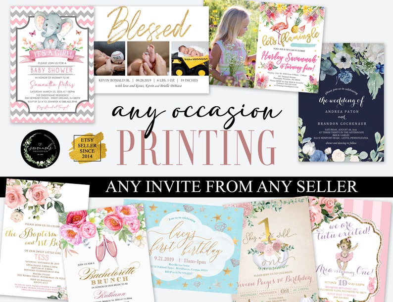 May include: A collage of printable invitations for various occasions, including a baby shower, a wedding, a birthday party, and a bachelorette brunch. The invitations feature colorful floral designs, illustrations, and text. The text includes "It's a Girl! Baby Shower", "The Wedding of", "Bachelorette Brunch", and "Lucy's First Birthday".