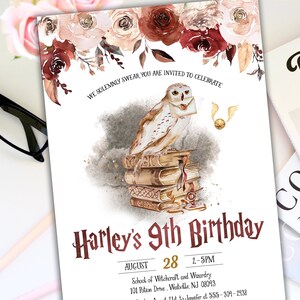 May include: A Harry Potter themed birthday invitation with a watercolor illustration of an owl perched on a stack of books. The invitation reads "We solemnly swear you are invited to celebrate Harley's 9th Birthday" with the date and time of the party. The invitation also includes the location, "School of Witchcraft and Wizardry, 101 Potion Drive, Welle, NJ 08093".