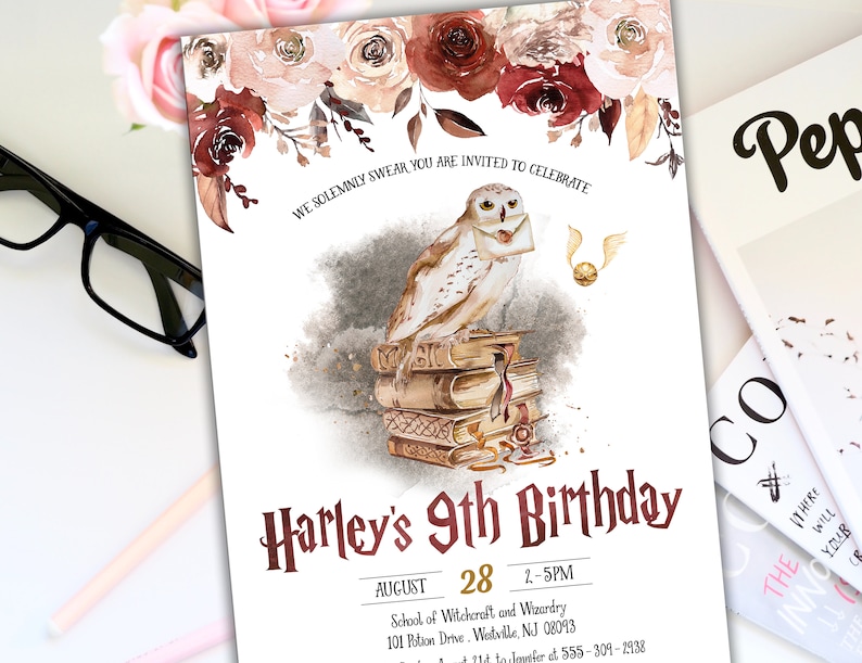 May include: A Harry Potter themed birthday invitation with a watercolor illustration of an owl perched on a stack of books. The invitation reads "We solemnly swear you are invited to celebrate Harley's 9th Birthday" with the date and time of the party. The invitation also includes the location, "School of Witchcraft and Wizardry, 101 Potion Drive, Welle, NJ 08093".