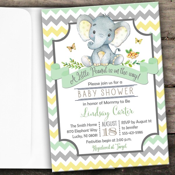 10% OFF Printed or Digital Elephant Baby Shower Invitation Neutral Elephant Baby Shower Invitation Chevron Elephant Baby Invitation