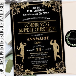 May include: Black and gold invitation with a roaring 20's theme. The invitation features a silhouette of a couple dancing, gold glitter accents, and the text "Roaring 20's Birthday Celebration".