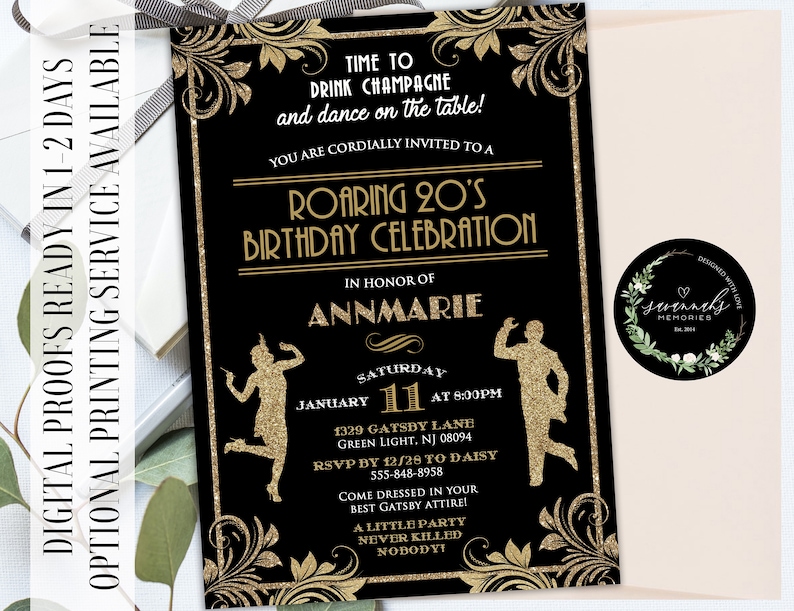 May include: Black and gold invitation with a roaring 20's theme. The invitation features a silhouette of a couple dancing, gold glitter accents, and the text "Roaring 20's Birthday Celebration".
