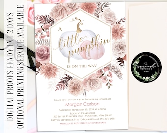 May include: Baby shower invitation featuring a watercolor pumpkin and floral design. The invitation includes the text "A little pumpkin is on the way" in gold script. The invitation is surrounded by blush and mauve flowers.