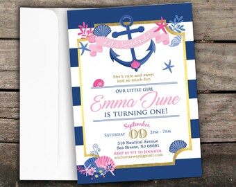 May include: A blue and white striped invitation with a gold anchor and seashells. The text reads "Let's Sailebrate!" and "Emma June is turning one!"  The invitation is for a birthday party on September 9th from 2pm to 7pm.