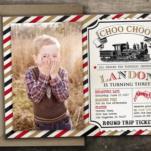 10% OFF Gedruckt oder Digital Zug Geburtstag Einladung Vintage Zug Geburtstag Einladung Zugticket Geburtstag Rot Schwarz Gold Zug Geburtstag