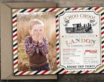 10% OFF Printed or Digital Train Birthday Invitation Vintage Train Birthday Invitation Train Ticket Birthday Red Black Gold Train Birthday