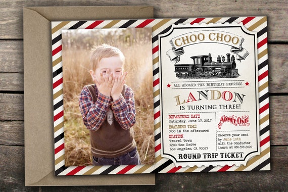 10% OFF Printed or Digital Train Birthday Invitation Vintage Train Birthday Invitation Train Ticket Birthday Red Black Gold Train Birthday