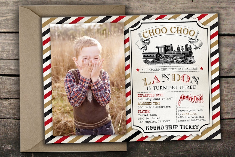 May include: A red, white, and black striped train ticket invitation for a birthday party. The invitation features a cartoon train, the text "Choo Choo", and the name "Landon" with the words "is turning three!" The invitation also includes details about the party, such as the date, time, and location.
