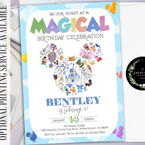 May include: A blue and white birthday invitation featuring a Mickey Mouse head silhouette made up of Disney characters. The text reads "Be our guest at a Magical Birthday Celebration" and "Bentley is turning 3!"