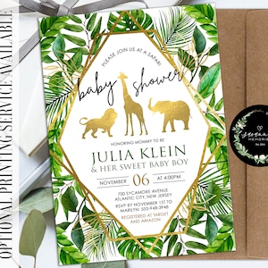 May include: A jungle-themed baby shower invitation with gold geometric frames and green foliage. The text reads "Please join us at a safari baby shower honoring mommy to be Julia Klein & her sweet baby boy, November 06 at 4:00pm".