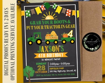 May include: A chalkboard style birthday invitation with a green tractor and a hay wagon. The invitation says "Grab your boots & put your tractor in gear" and "Jaxson's 4th Birthday". The invitation is for a party at Duffields Farm on Sunday, October 28th from 2:00pm to 5:00pm.