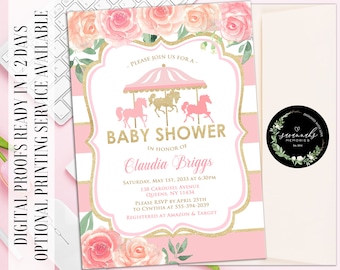 Carousel Baby Shower Invitation Circus Birthday Invitation Carnival Baby Shower Pink Gold Baby Shower Invitation Carousel Baby Shower