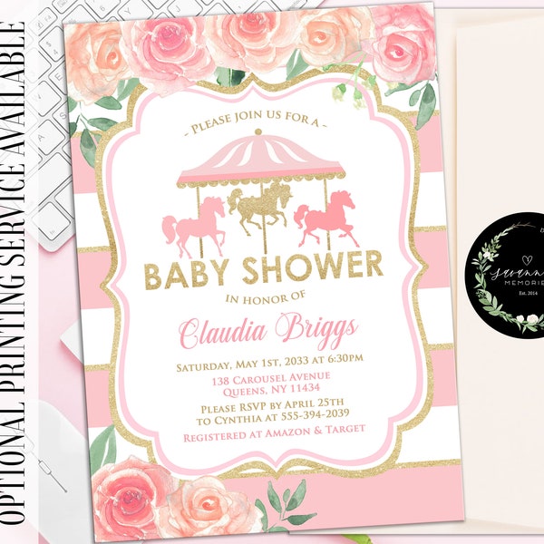 Carousel Baby Shower Invitation Circus Birthday Invitation Carnival Baby Shower Pink Gold Baby Shower Invitation Carousel Baby Shower