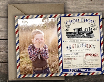 10% OFF Printed or Digital Train Birthday Invitation Vintage Train Birthday Invitation 2nd Birthday Invitation Train Ticket Invite Printable