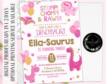 Dinosaur Birthday Invitation Pink Gold Dinosaur Invitation Three Rex Birthday Invitation Girl Dinosaur Birthday Invite