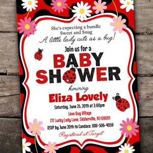 May include: A red and black baby shower invitation with a ladybug theme. The invitation features the text "Join us for a Baby Shower honoring Eliza Lovely" and includes the date, time, and location of the event. The invitation also includes the text "Registered at Target".