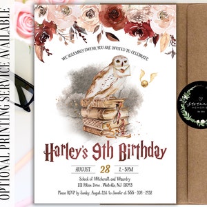 May include: A Harry Potter themed birthday invitation with a watercolor illustration of an owl perched on a stack of books. The invitation is for Harley's 9th birthday and includes the date, time, and location of the party. The text "We solemnly swear you are invited to celebrate" is written at the top of the invitation.