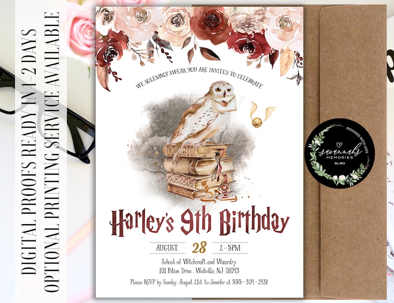 May include: A Harry Potter themed birthday invitation with a watercolor illustration of an owl perched on a stack of books. The invitation is for Harley's 9th birthday and includes the date, time, and location of the party. The text "We solemnly swear you are invited to celebrate" is written at the top of the invitation.