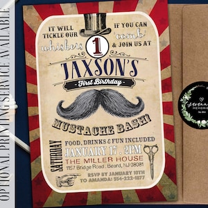 May include: A red, white and blue invitation for a first birthday party. The invitation features a large moustache and the text "It will tickle our whiskers" and "Jaxson's Moustache Bash". The party is on 17th January at 2pm at The Miller House.