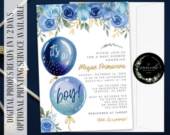 Boy Baby Shower Invitation Balloon Baby Shower Invite Blue Baby Shower Invite Floral Balloon Baby Shower Invitation It's a Boy