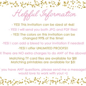 Op de afbeelding: Roze tekst op een witte achtergrond met gouden glitter. De tekst luidt "Handige informatie" en somt details op over een uitnodiging, waaronder de maat, bestandstypen, kleur aanpassing, bleed-opties en onbeperkte proefdrukken. Er wordt ook melding gemaakt van bijpassende bedankkaartjes en printables die te koop zijn.