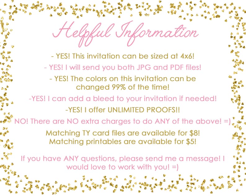Op de afbeelding: Roze tekst op een witte achtergrond met gouden glitter. De tekst luidt "Handige informatie" en somt details op over een uitnodiging, waaronder de maat, bestandstypen, kleur aanpassing, bleed-opties en onbeperkte proefdrukken. Er wordt ook melding gemaakt van bijpassende bedankkaartjes en printables die te koop zijn.
