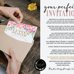May include: A pink and white floral invitation card with gold lettering that reads "Flutter On Over" with the text "sometime kisses & birthday wishes" below. The card is being held by a hand and is in a brown envelope.