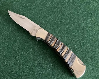 Buck Custom Nickel 112 Clip Blade Knife Fat Boy Fossil Scales & Red G10 Liners