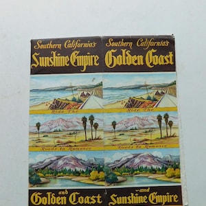 Peut inclure: Brochure de voyage vintage pour la Californie du Sud, présentant le "Sunshine Empire" et la "Golden Coast". La brochure contient des illustrations de scènes côtières, de palmiers et de montagnes. Le texte comprend "Ride The" et "Roads to Romance."