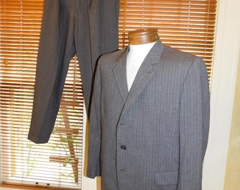 Vintage Men's 1950s 1960s Blue Gray Pinstriped Suit. Single
