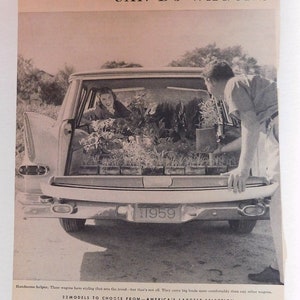 May include: A black and white vintage advertisement for 1959 station wagons. The ad features a photo of a station wagon with its tailgate open, filled with potted plants. The text reads "Can Do Wagons" and "22 Models to Choose From - America's Largest Selection".