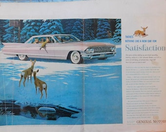 May include: A vintage advertisement for General Motors cars featuring a pink Cadillac driving through a snowy landscape with two deer in the foreground. The text reads "There's nothing like a new car for Satisfaction".