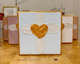 Textured Cross Heart Canvas Art | Gold Accent, Christian Decor, Grandmillennial Style