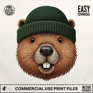 Faux Yarn Beaver in Green Beanie Woodland Animal png, Latch Hook Digital Design, Crochet Sublimation, Cozy Autumn Winter