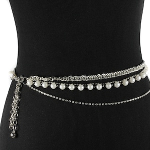 Women&#39;s 4 strands rhinestone Silver chain belt with imitation pearls | ready for party