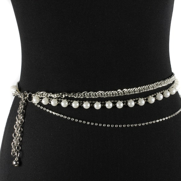 Women's 4 strands rhinestone Silver chain belt with imitation pearls | ready for party