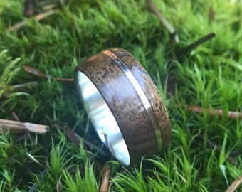 Mens wood wedding ring mens ring bronze and teak wood wedding band bronze and wood ring mens wedding band 5 year anniversary wood ring