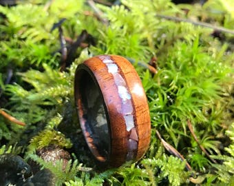 Koa with Mother of pearl inlay womens wood ring wood wedding band wooden ring mens wood wedding band koa wood ring womens wood wedding band