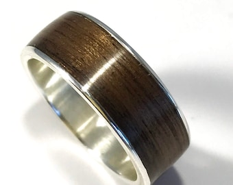 Mens wedding band, wood ring, wooden wedding band, wooden ring, walnut wedding ring, walnut band, wood and metal ring, walnut andsilver band