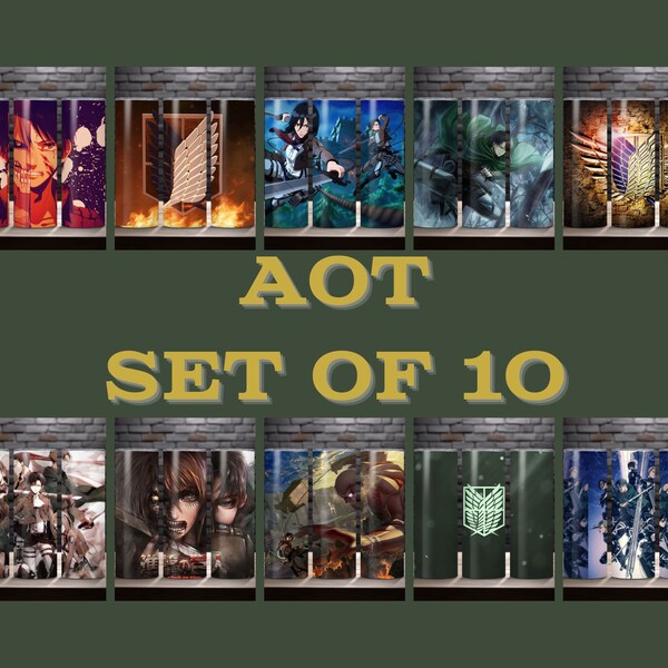 Anime AOT-Set mit 10 Designs ** PNG ** 20 Unzen Becherdatei, 20 Unzen Skinny Tumbler Sublimationsdesign, digitaler Download PNG, 20 Unzen Tumbler Design