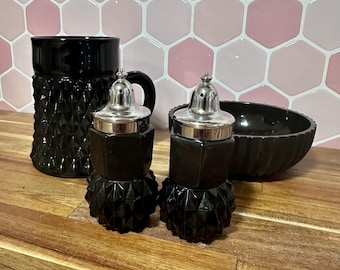 Vintage Black Amethyst Glassware Set | Diamond-Point Tumbler, Shakers, Bowl