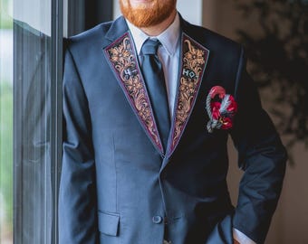 Custom Hand Tooled Wedding Leather Jacket Lapels and/or Pockets - Western Wedding Sportcoat